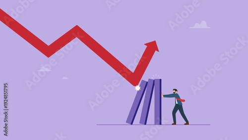 Businessman trying to prevent the bar chart from falling down. Dealing investment risks, stock market crash. Economic recession, lost capital.