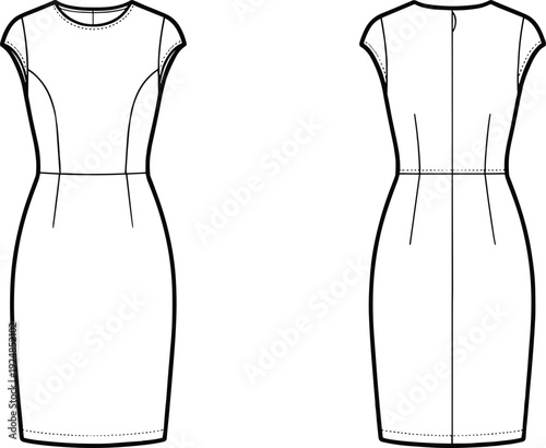 Women fitted sheath dress CAD drawing, flat vector technical illustration with front and back views isolated on white background