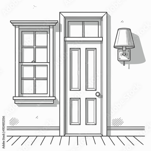 Front Door with Window and Lamp vector illustration