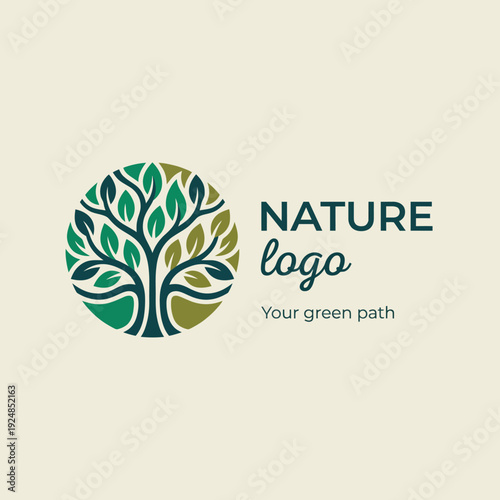This nature logo depicts a stylized tree with green leaves in a circular format, representing ecological awareness, growth, and harmony with nature, ideal for eco-friendly brands.