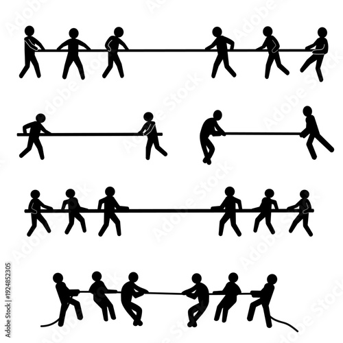 Teamwork and competition silhouette stick man icon set business conflict