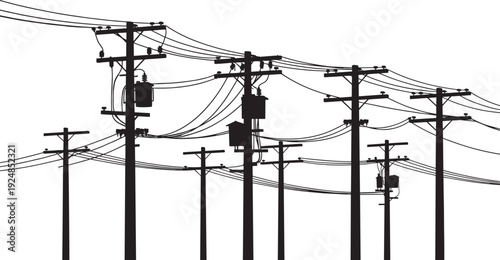 Electric utility poles and power lines silhouette, urban electricity distribution network vector isolated on white background