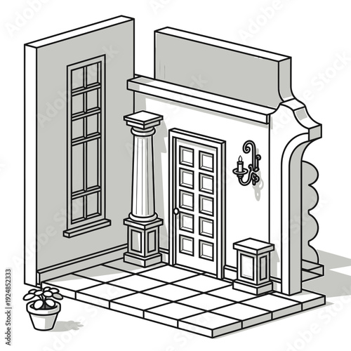 Black and White Cartoon Entrance vector illustration