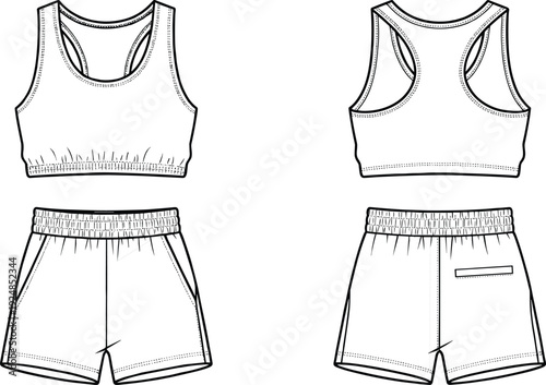 Women sportswear set CAD drawing, flat vector technical illustration with sports bra and shorts front and back views isolated