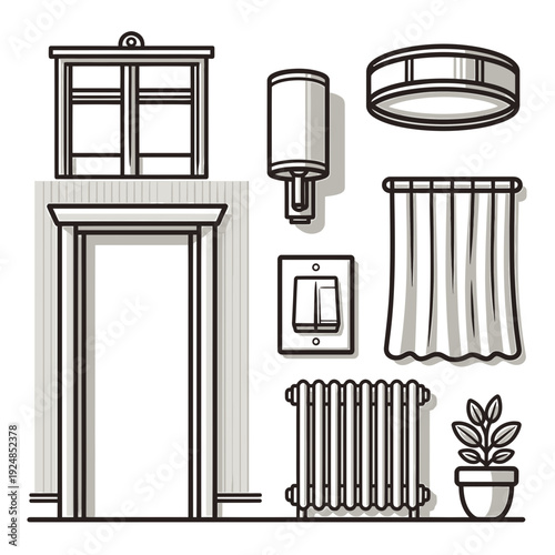 Line Art Home Interior Elements vector illustration