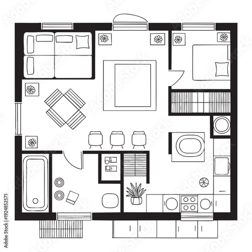 Black and white top view floor plan of a house with labeled rooms and furniture