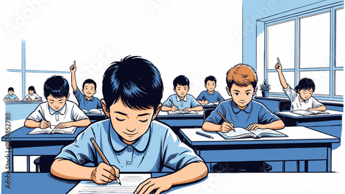 Students Taking a Test in Class vector illustration