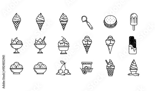 Minimalist Ice Cream Line Icon Set with Dessert and Sweet Treat Symbols on White Background