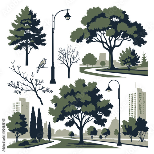 Urban Park Scene Elements vector illustration
