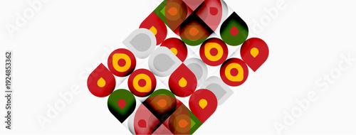 Colorful squares display repeating circular patterns. Red, green, orange, beige hues dominate composition. Geometric design creates visual texture.