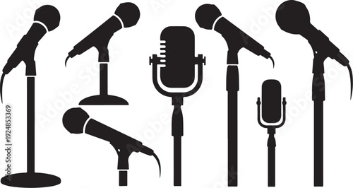 Collection of various microphone silhouettes on stands arranged