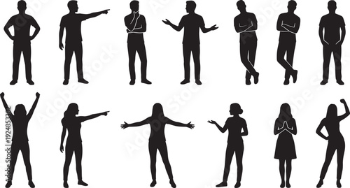 Expressive body language silhouettes collection with standing men and women, dynamic gesture pose vector illustration