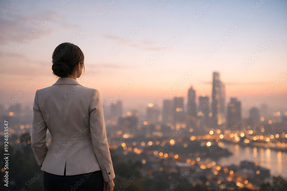 Fototapeta premium A determined woman stands overlooking a city skyline at dusk, poised to achieve success