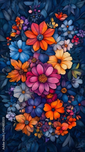Immerse yourself in this vibrant floral explosion! A dense, colorful arrangement with painterly leaves and tactile flowers in oranges, blues, pinks, and purples. Abstract Boho Style