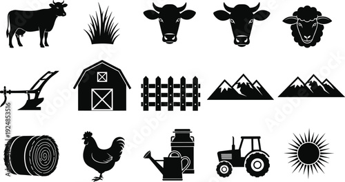  Farm and agriculture icon set with cow sheep chicken barn tractor mountain sun hay bale and fence symbols in black silhouette vector style.