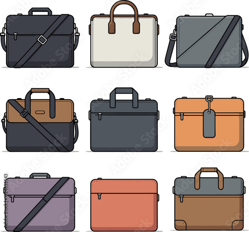 Stylish Business Briefcase and Laptop Bag Set in Flat Design Isolated on White Background Vector Illustration Collection