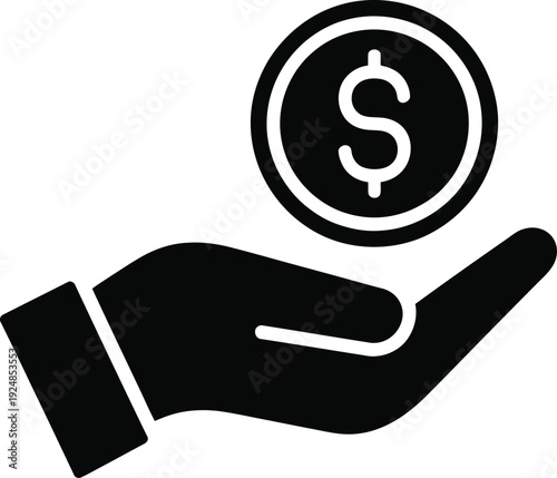Minimalist flat icon of a hand with a dollar coin above it symbolizing money management and wealth.
