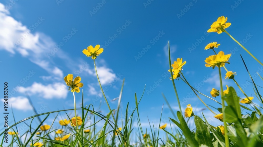Obraz premium Bright Yellow Buttercup Flowers in Lush Green Grass Under a Clear Blue Sky with Soft White Clouds