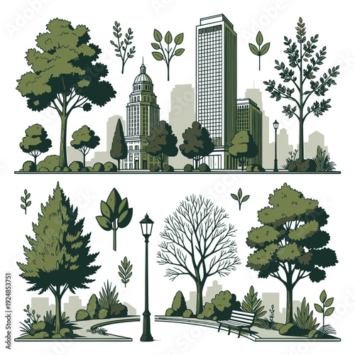 Urban Park Scene with Buildings and Greenery vector illustration