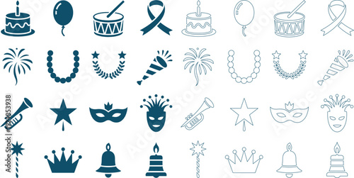 Party and celebration including cakes, masks, and festive