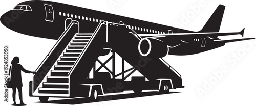 Silhouette of airplane boarding with a female passenger ascending
