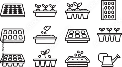 A variety of seedling trays and gardening tools for starting plants Vector