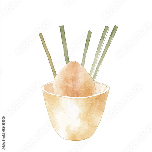 Watercolor Illustration of Shaved Ice Dessert with Chopsticks