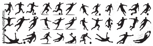 Collection of football player silhouette vectors in dynamic action poses including kicking, dribbling, goal celebration, and goalkeeper diving. Solid black shapes with clean vector lines and minimal.