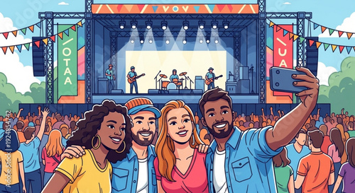 Four friends taking selfie at outdoor music festival with stage and crowd
