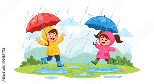 Two happy children in raincoats playing with umbrellas on a rainy day with puddles and rainbow