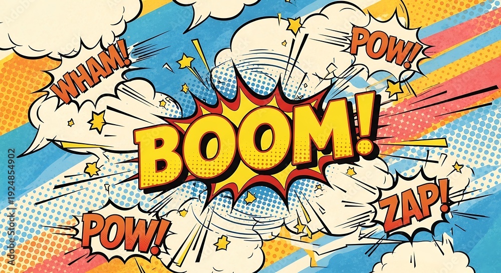Fototapeta premium Dynamic comic book style background features multiple action sound effects surrounding a central explosive word.