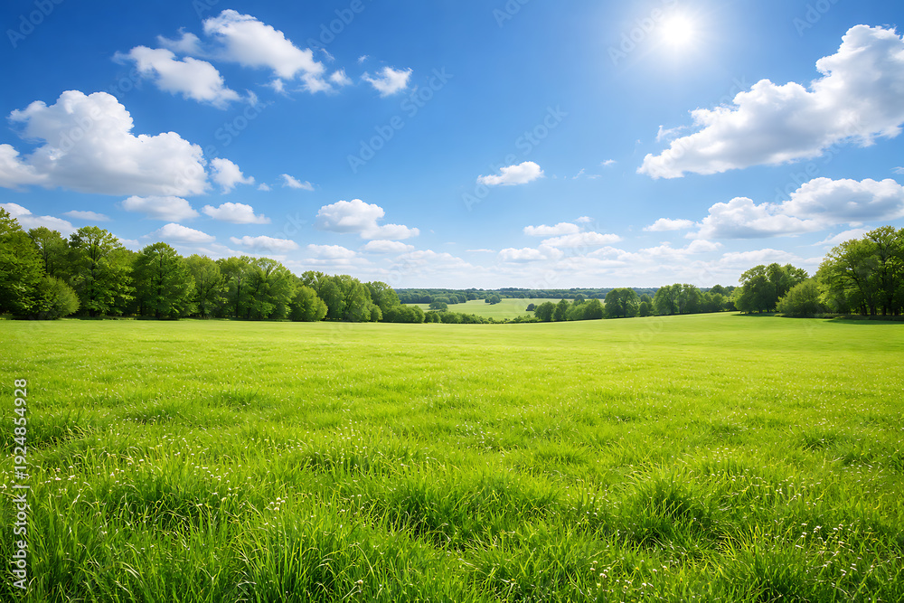 Fototapeta premium A scenic view of a sunny day with green meadow and blue sky. The sunshine casts shadows on the vast grassy field, with fluffy clouds drifting overhead
