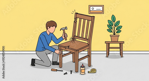 Man repairing wooden chair with hammer and tools on floor in home workshop with yellow wall