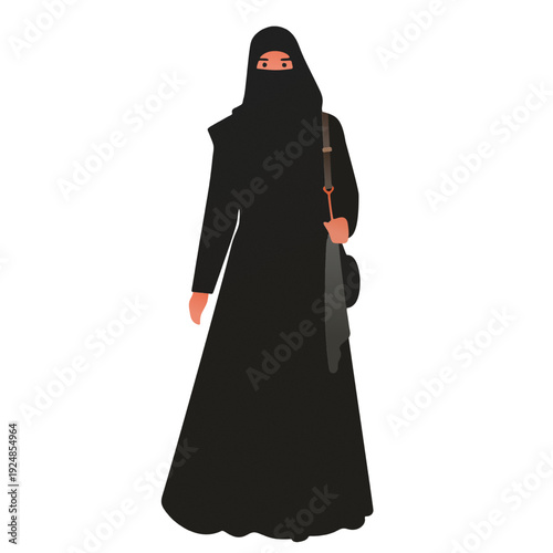 Muslim Woman in Black Niqab and Abaya with Handbag - Full Coverage Islamic Dress Character Illustration