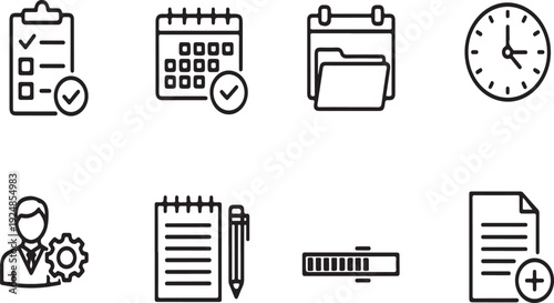 Icons representing various aspects of office work and project management. Vector