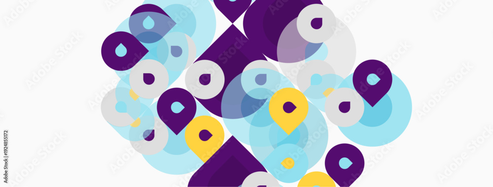 Naklejka premium Abstract geometric shapes overlap, creating vibrant composition. Purple, blue, yellow tones dominate white background. Modern design.