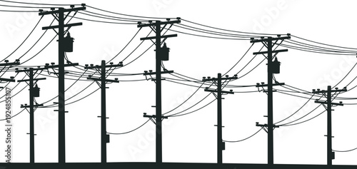 Multiple electric utility poles and overhead power lines silhouette, urban electricity network vector isolated on white background