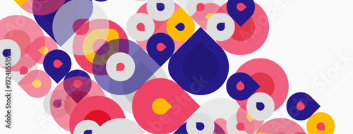 Abstract circles overlap, creating vibrant patterns. Pink, purple, yellow hues dominate white background. Modern design element.