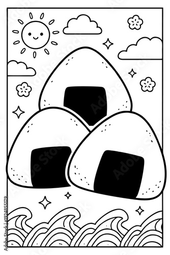 Vector graphic illustration of three classic Japanese onigiri rice balls with nori seaweed details.