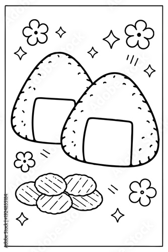 Simple black and white vector illustration coloring page featuring cute Japanese onigiri rice balls and snacks.