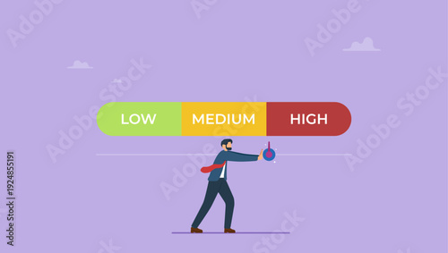 Businessman pushing credit score scale. Young man changing personal financial account information from low to high. Financial growth, career. Business reputation concept.