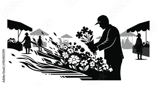 Florist arranging a vibrant bouquet at a bustling outdoor market