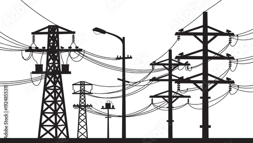 Power transmission tower and utility poles silhouette, electrical grid infrastructure with overhead lines isolated on white
