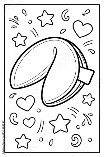 Outline drawing vector graphic illustration of a delicious fortune cookie surrounded by festive stars and hearts.