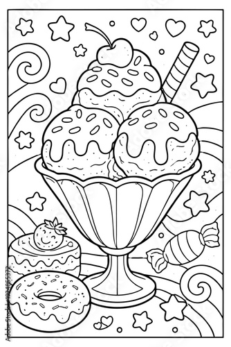 Sweet dessert ice cream sundae with cherry and sprinkles vector graphic illustration for children's coloring.
