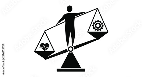 Person balancing heart health against industrial work on scales, symbolizing life choices.