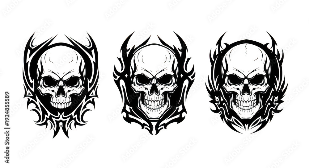 Fototapeta premium Three black and white skulls with horns and flames on isolated transparent background