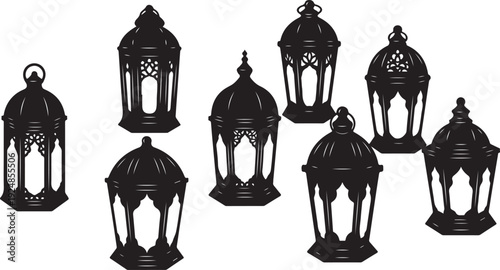 Collection of black lanterns with intricate designs and patterns