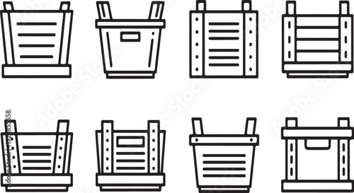 A variety of different types of crates and containers in a simple line drawing Vector