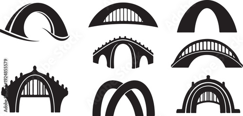 Various bridge silhouettes and arches in black and white
